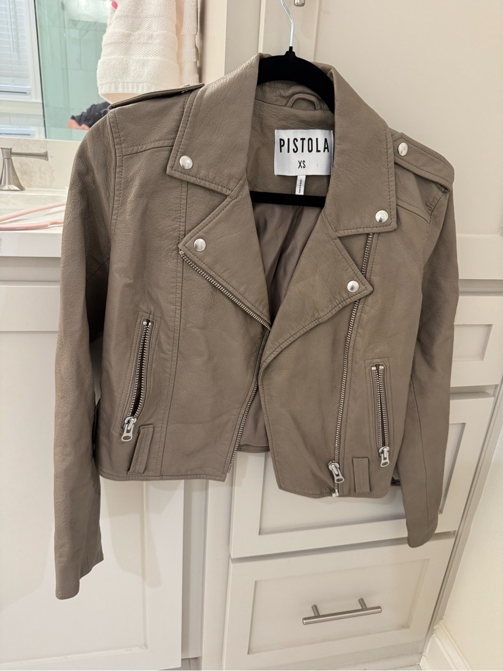 pistola taupe-gray leather moto jacket